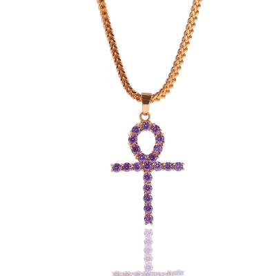 China Hiphop Hiphop Purple Zinc Pendant Necklace Iced Out Ankh Cross Pendant For Men Women for sale