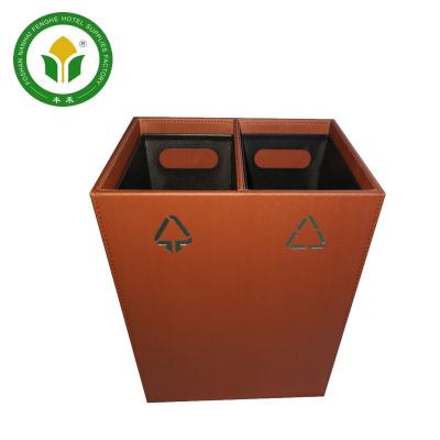 China Double Layers 2 Compartment Sustainable Hotel Room Waste Bin Leather Waste Basket Recycling Bin for sale