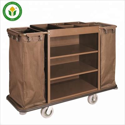 China Modern Brown Serving Trolley Metal Hotel Room Trolley Household Maid Cleaning Trolley for sale