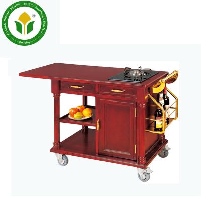 China Commercial Hotel Single Gas Stove Furniture Trolley Wooden Flambe Cooking Trolley for sale