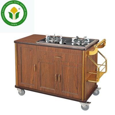 China Hotel Gas Stove Wooden Cherry Red Wood Flame Cooking Cart for sale