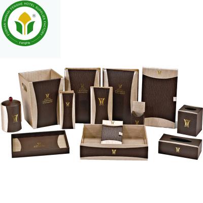 China Wooden Box + Restaurant Hotel Leather Supplies Brown Leather Leather Accessories Set Leather Amenities Box For Hotels for sale