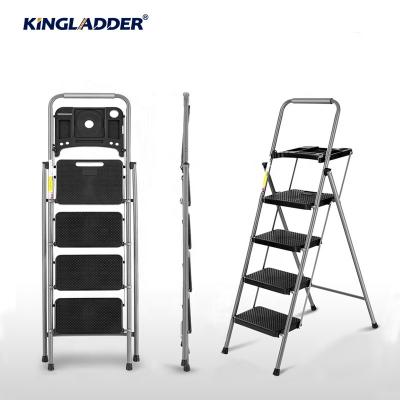 China Folding Ladders Kingladder KSP104T 4 Steps Household Tool Steel Ladder With Plastic Tray for sale