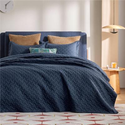 China Anti-Static Polyester Modern Herringbone Quiltting Bed Cover Coverlet Soft Washable King size Navy Blue Quilt Set en venta