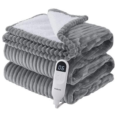 China Sustainable Comfort Grey Sherpa Double Heated Throw US UK Europe Plug Washable Flannel Electric Blanket for Bed for sale