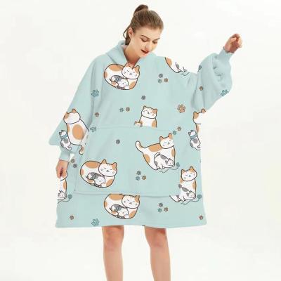 Κίνα Anti-Static Wholesale Oversized cozy sherpa Giant Hoodie Blanket Plus size Cat Print Fleece Throw Blankets for Winter προς πώληση