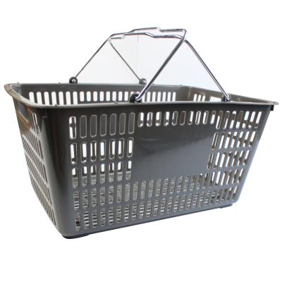 China Supermarket Metal Handles Shopping Basket Plastic Material Metal 2 Handles High Quality Supermarket Folding Shopping Basket for sale