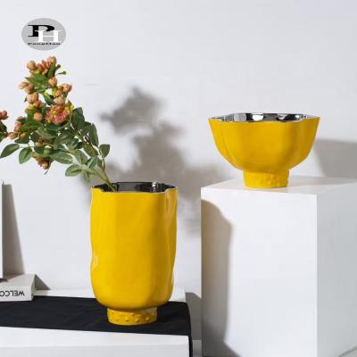 China Flower Arrangement Minimalist Yellow Ceramic Vase Table Decoration Porcelain Unique Bowl Shaped Vase for sale