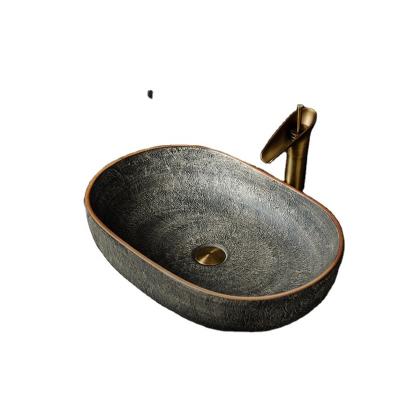 China Jingdezhen Contemporary Gray Color Oval Large Size Basin Ceramic Living Room Sink With Brown Edge for sale