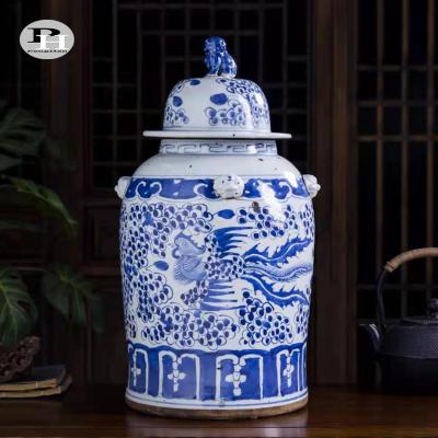 China Hand Painted Hand Opens Fabulous Phoenix Blue and White Jar Porcelain with Large Lid Ceramic Jars for Decor for sale