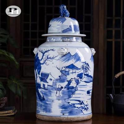 China Chinese blue and white hand painted home decoration antique ceramic temple pot for collection for sale