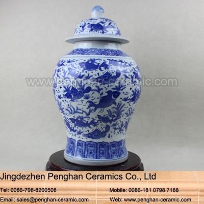 China Chinese Traditional Wholesale Ceramic Stocked Good Luck Blue And White Fish Jar for sale