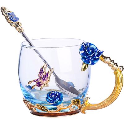 China Stocked Handwork Crystal Glass 3D Flower Cups Tea Cup With Tea Spoon Women Coffee, Tea, Juice, Beer, Milk Hot And Cold Drinks for sale