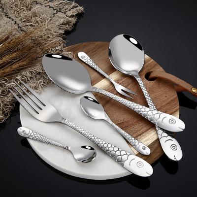 China Viable Polished Fish Pattern Laser Engraved Handle Round Spoon Fork Silverware Cake Fruit Dessert Non-Slip Teaspoon for sale