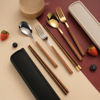 China Sustainable Wooden Chopsticks Fork Spoon Set Stainless Steel Cutlery Set With Box Portable Flatware Set for sale