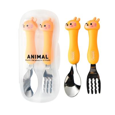 China Hot Sale 2 Pcs Food Grade Stainless Steel Spoon Fork Viable Baby Kids Cutlery Set Case With Plastic Handle for sale