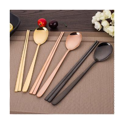 China Sustainable Titanium Plating Chopsticks And Spoons Korean Tableware With Long Handle for sale