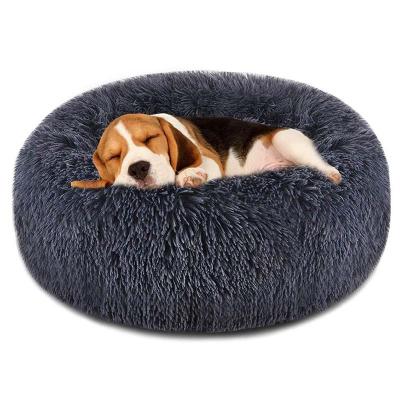 China Breathable Washable Soft Comfortable Soft Faux Fur Cat Bed For Large Dog Donut Round Customized Soothing Fluffy Plush Dog Bed for sale