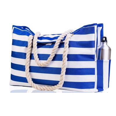 China Convenient Multifunctional Blue Striped Fashion Travel Large Capacity Canvas Tote Beach Bag for sale