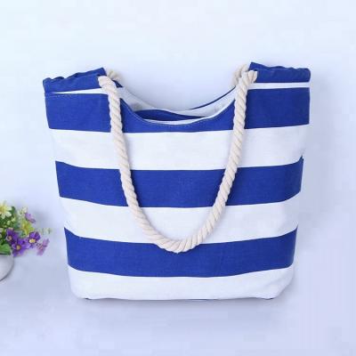 China Bohemian Promotional Logo Printed Custom Canvas Cotton To Sell Well Blue White Striped Beach Bag for sale