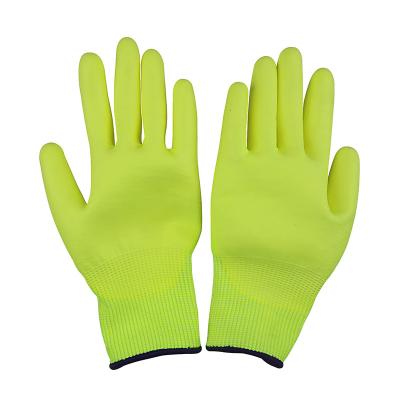 China General Purpose Fluorescent Yellow PU Coated Safety Hand Dipped Insulated Working Protective Gloves for sale