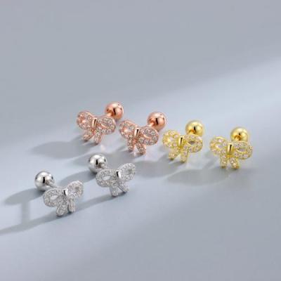 China With Bowknot Silver Stud Earrings Silver Rhinestone Jewelry 925 Sterling Silver Gold Plated for sale