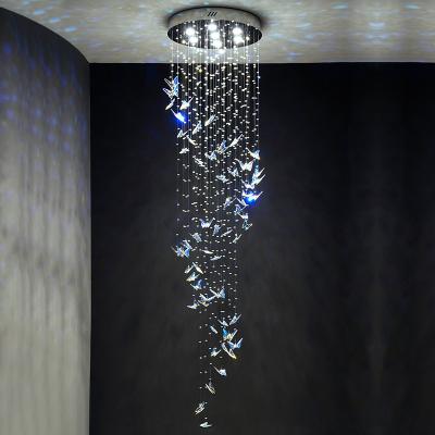 China Modern Villa Hotel Club Circle Spiral Staircase Crystal Butterfly Decorated Duplex Building Light Luxury Long Chandelier for sale