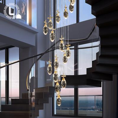 China Modern Simple Modern Clear Wire K9 LED Pendant Lamp Adjustable Luxury Copper Stair Home Hotel Crystal Chandeliers for sale