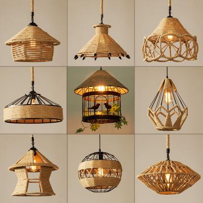 China Retro Industrial Creative Industrial Hemp Rope Wrought Iron Cafe Bar American Vintage Rope Cage Decorative Chandelier for sale