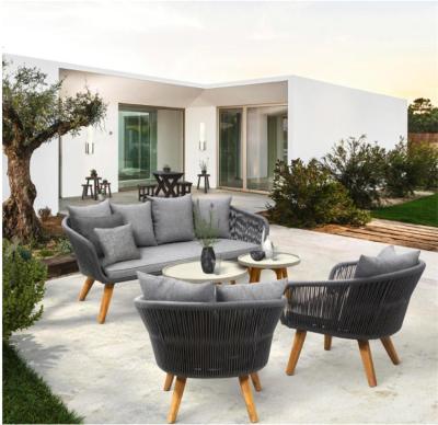 China Eco-freindly 5 Piece Rattan Seating Group Patio Furniture Cheap 5 Piece Acacia Wood Seating Set With Gray Cushions for sale