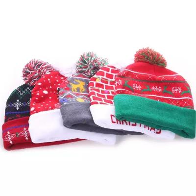 China LED COMMON Christmas Knitted Hat With Warm Decorative Ball Hat With Light Knitted Winter Hats for sale