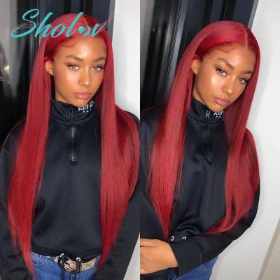 China 99J# Red Color Silky Straight Human Hair Wig With Transparent Lace Wigs Long Straight Brazilian Hair With Lace Front Wig Factory Backing for sale