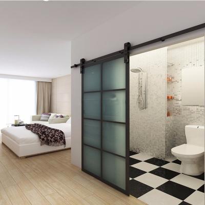 China Modern New Design 8FT French Style Double Sided Sliding View Black Aluminum Glass Barn Door With Soft End for sale