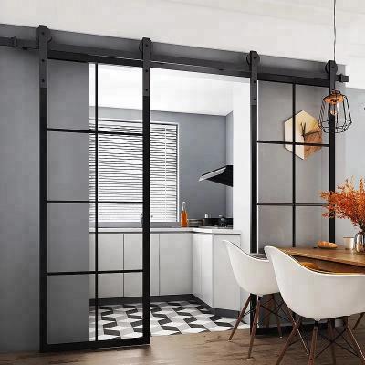 China Modern Sliding Glass Door With Black Carbon Steel Frame And Cheap Hardware Fittings With Soft End for sale