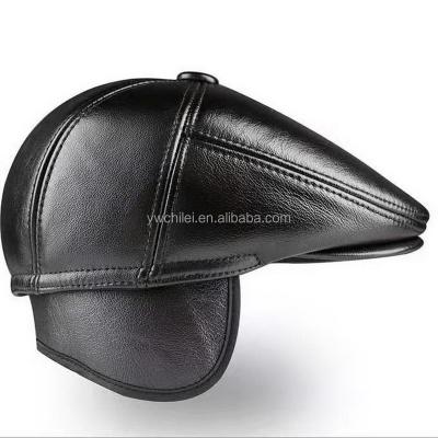 China Checked Men Fall Winter Peaked Flat PU LEATHER Adjustable Earmuffs Driving Beret for sale