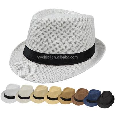 China Image Women's and Men's Straw Fedora Panama Beach Sun Hat Black Ribbon Band for sale