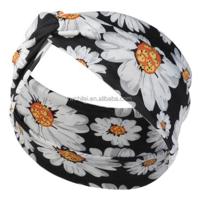 China Soft Daisy Wide Turban Headband Stretch Hair Bands Yoga Bandana Fashion Head Wraps for sale