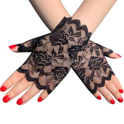 China Fingerless Women Lace Up Gloves Fingerless Short Floral Wedding Party Elegant Gloves for sale