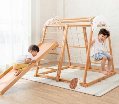 China Wholesale Eco-friendly Indoor Wooden Climbing Frame Kids Playground Exercise Equipment For Toddler With Swing And Slide Climbing Frames for sale