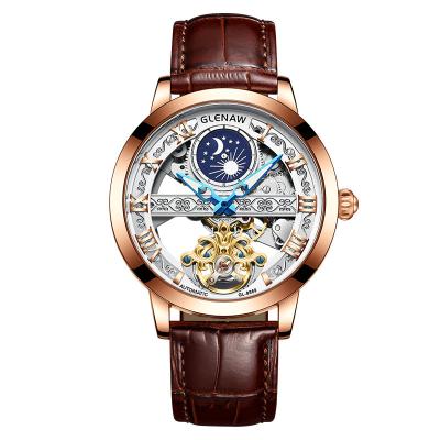 China Moonphase Glenaw Men Watch Luxury Classic Carved Tourbillon Leather Strap Moonphase Hallow Skeleton Automatic Mechanical Watch for sale