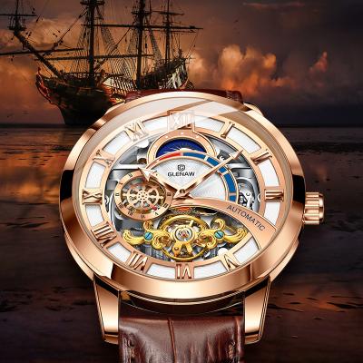 China Moonphase Glenaw Men Watch Luxury Classic Carved Tourbillon Leather Strap Moonphase Hallow Skeleton Automatic Mechanical Watch for sale