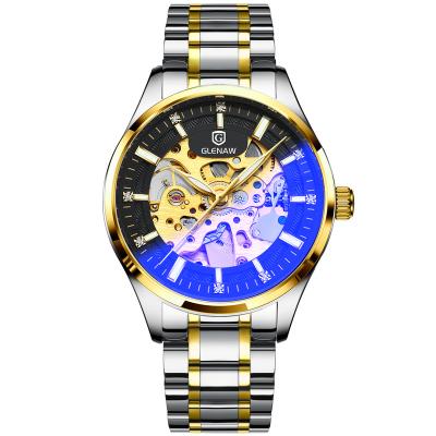 China Fashion Cheap Automatic Classic Watch Glenaw Date Steel Bracelet Gold Alloy Hallow Skeleton Automatic Mechanical Watch for sale