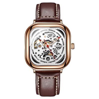 China Fashion Automatic Cheap Sports Watch Glenaw Square Date Gold Alloy Hallow Skeleton Automatic Mechanical Watch Men for sale