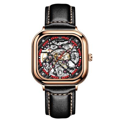 China Fashion Automatic Cheap Sports Watch Glenaw Date Square Case Hallow Skeleton Automatic Mechanical Watch Men for sale