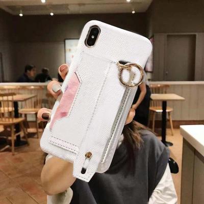 China Lattice Grain Card Slot Wristband Design PC+PU Luxury Shockproof Shockproof Phone Case for iphone 13 13 pro max for sale