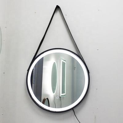 China TYSTART Illuminated Oval Led Light Bathroom Mirror With Wall Hanging Leather Rectangle Touch Sensor Silver Clear Glass Switch for sale