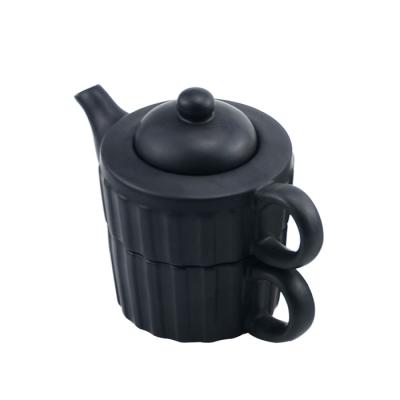 China Viable Home Decor Tea Set Plain Matte White and Black Ceramic Teapot and Tea Cup in One for Wholesale for sale