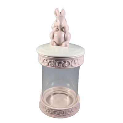 China Factory Hot Sales Rabbit Microwavable Animal Shaped Airtight Glass Candy Cookie Jars With Ceramic Lid for sale