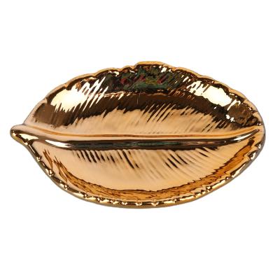 China Jewelry Disply Modern Luxury Women Gold Leaf Plated Ceramic Jewelry Holder Ring Tray For Home Decoration for sale