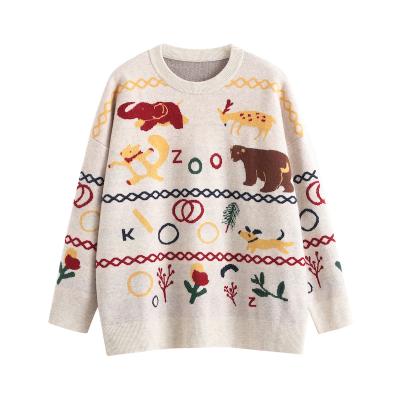 China Breathable Knitting Sweater Christmas Clothes Animals And Flowers Jacquard O-Neck Sweater For Women for sale